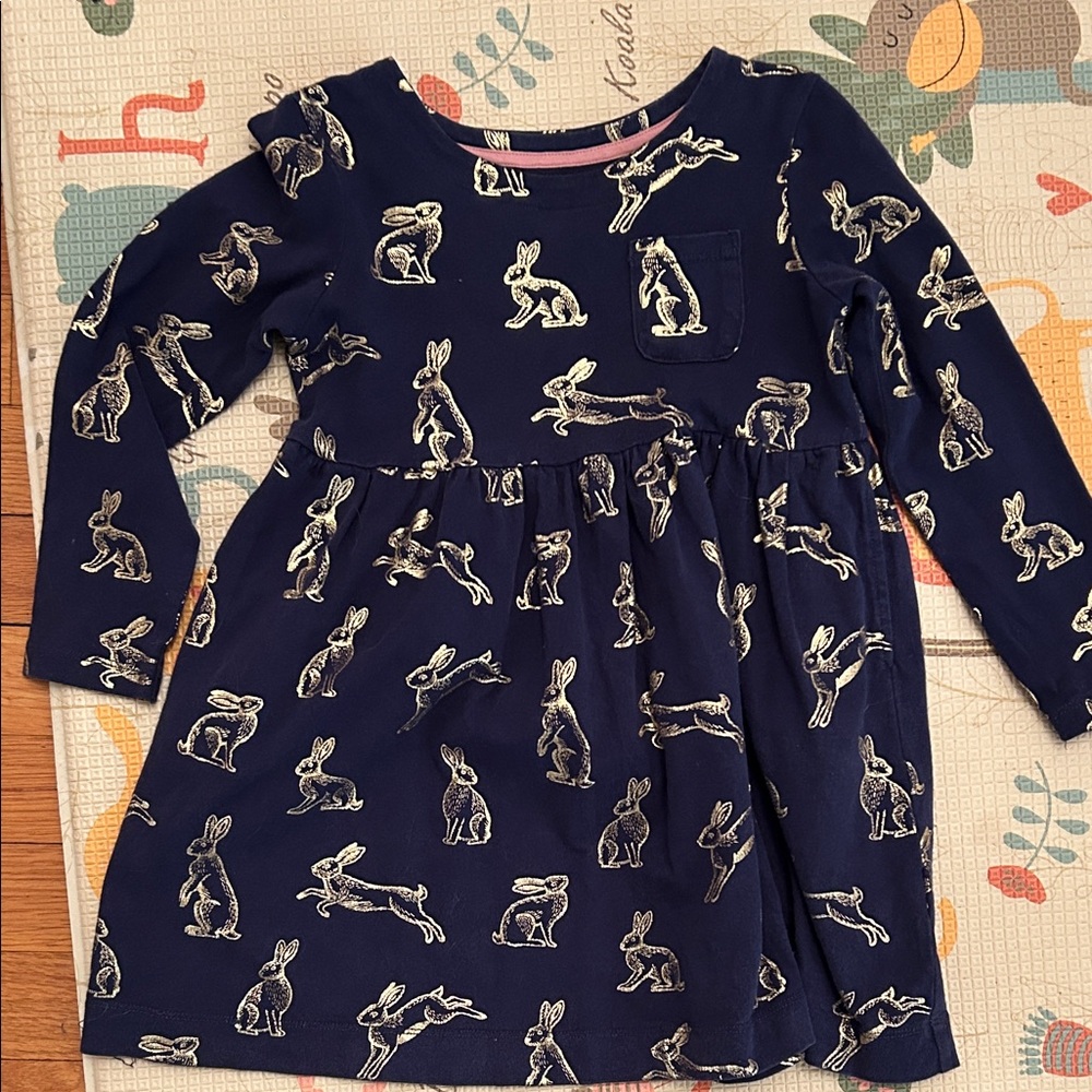 Mini Boden Navy Dress with Gold Rabbit Print